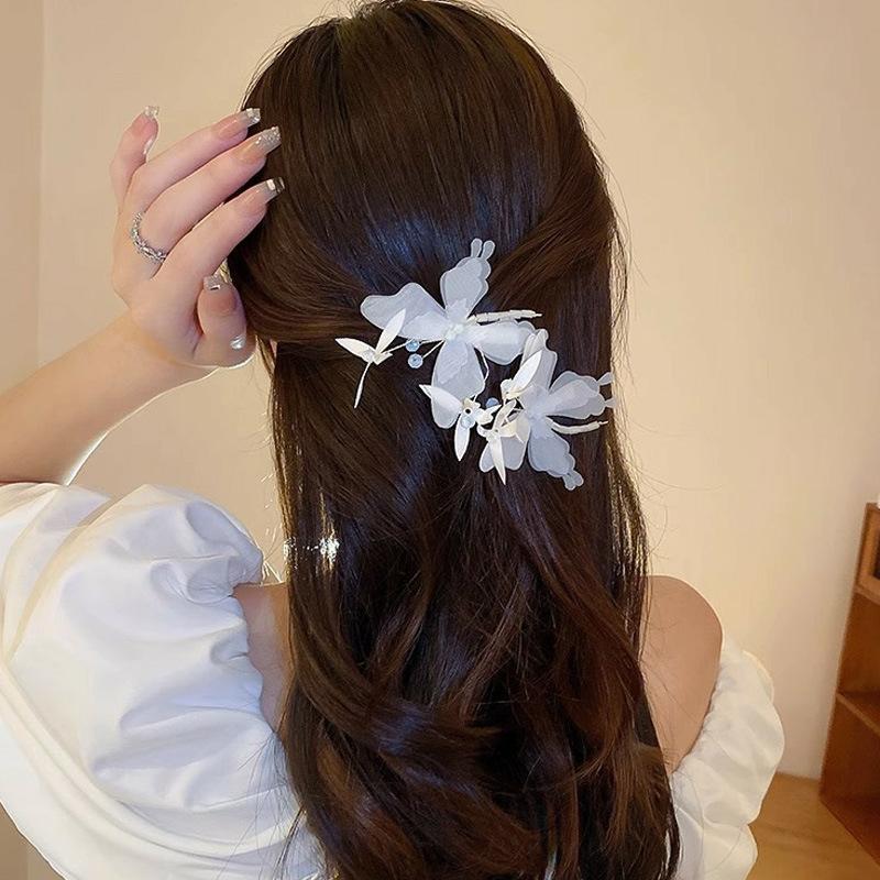 

Большой зажим для волос 13 см для женщин, элегантный элемент бабочки, захват для волос, изысканная шелковая заколка для волос с цветком, модные зажимы для волос типа «акула»