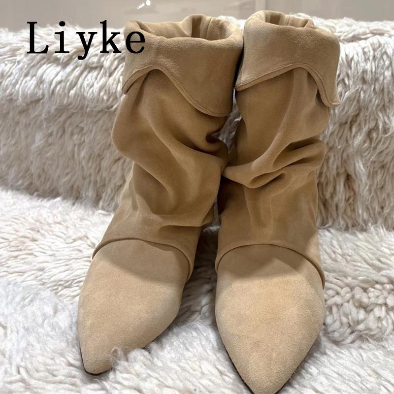 Modne Liyke Vintage Szpiczaste Skórzane Botki Plisowane Dla Kobiety Dziwne Niskie Cienkie Obcasy Buty Botki Do Kostki Kobiety Zapatos De Mujer