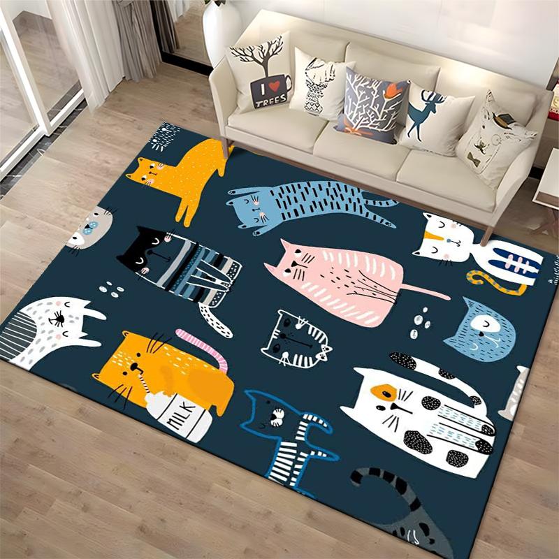 Colorful Cartoon Cat Pattern Carpet with Whimsical Feline Designs in Dark Blue Background Suitable for use as an anti-slip1 for1room and bedroom sofas