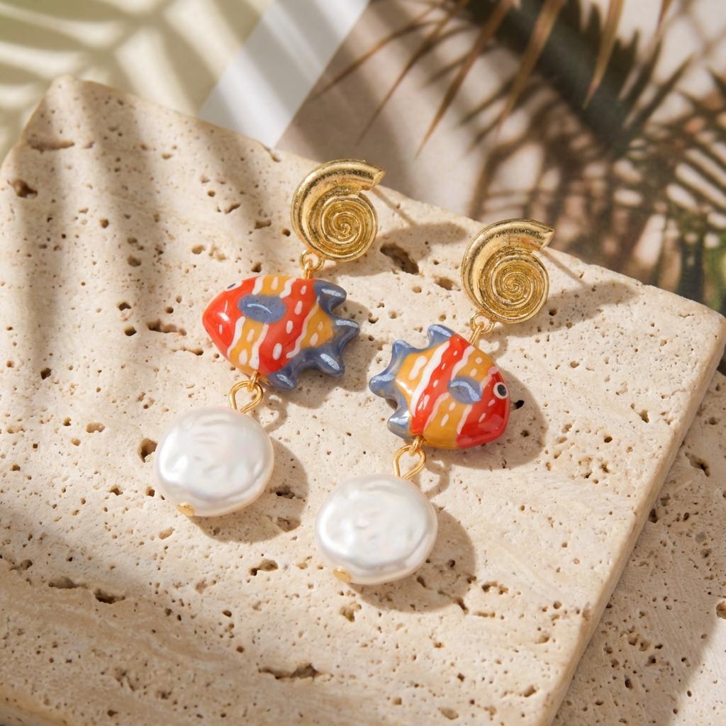 Summer Beach Tropical Ceramic Fish Earrings For Women Gold Plated Metal Conch Shell Baroque Pearl Dangle Earring Party Jewelry