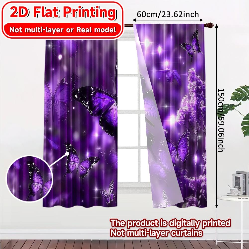 2D FLAT PRINTING 2pcs Curtains (Without Rod) Butterflies in Purple Glow Valentine is day Festival Chic Print Curtains Machine