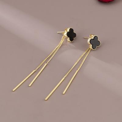 New Black Delicate Four-Leaf Clover Tassel Earrings Two Wear Paragraph Simple Tassel Women's Earrings