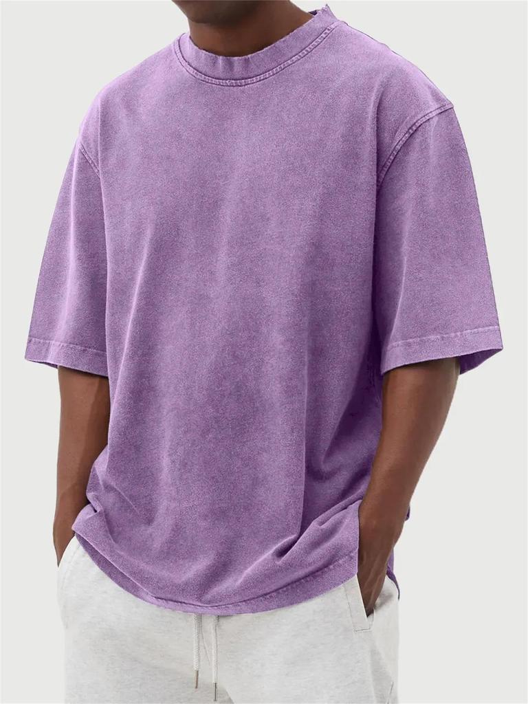 2025 Men's Distressed Washed Fried Color Solid Pullover T-Shirt, Spring/Summer Collection