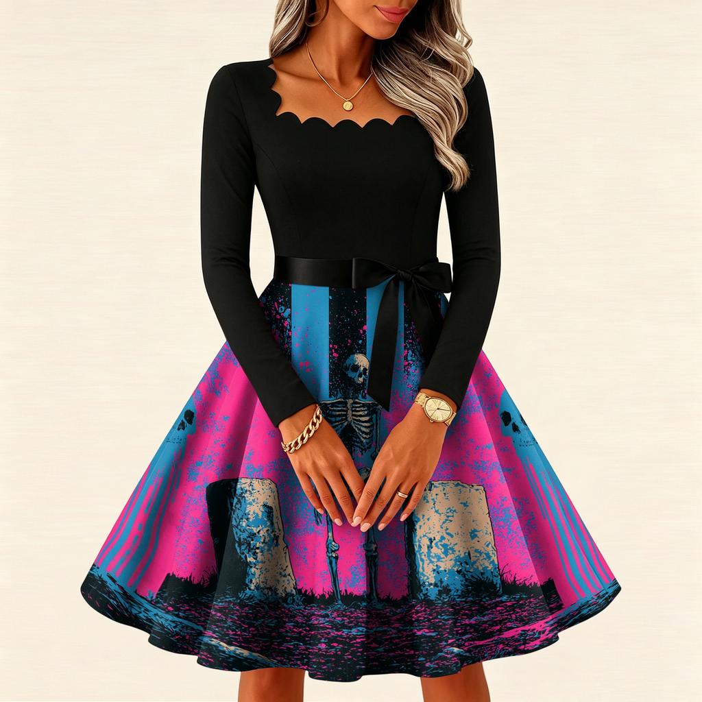 Women's Vintage Long Sleeve Square Neck Dress with Halloween Print for Party Evening Wear