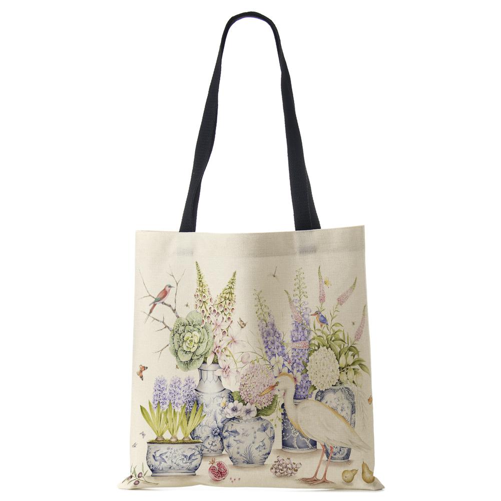 Plant Flowers Shopping Tote Bag Women Canvas Print Shoulder Bag Reusable Harajuku Large Capacity Travel School Handbag CLE