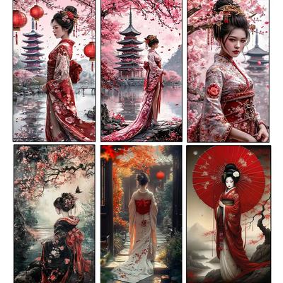 Sakura Pavilion Landscape and Japanese Women's DIY Full Diamond Decorative Painting Diamond Mosaic Cross Embroidery Set