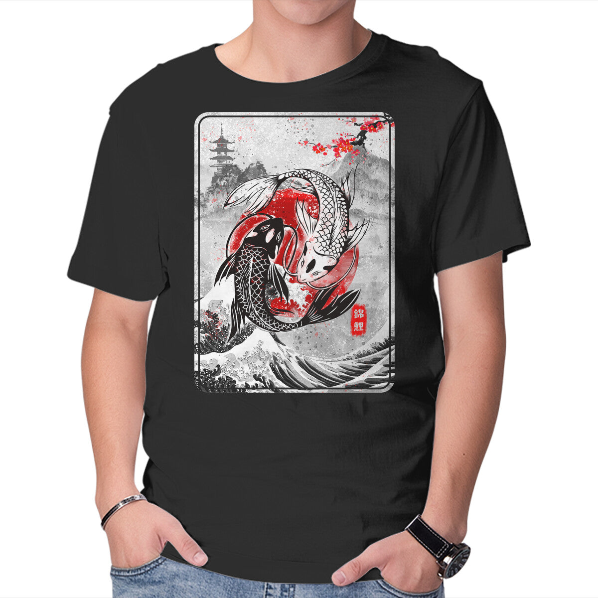 Unisex Crew Neck T-Shirt The Koi Fish Yin Yang Graphic Short Sleeve Casual Tee M