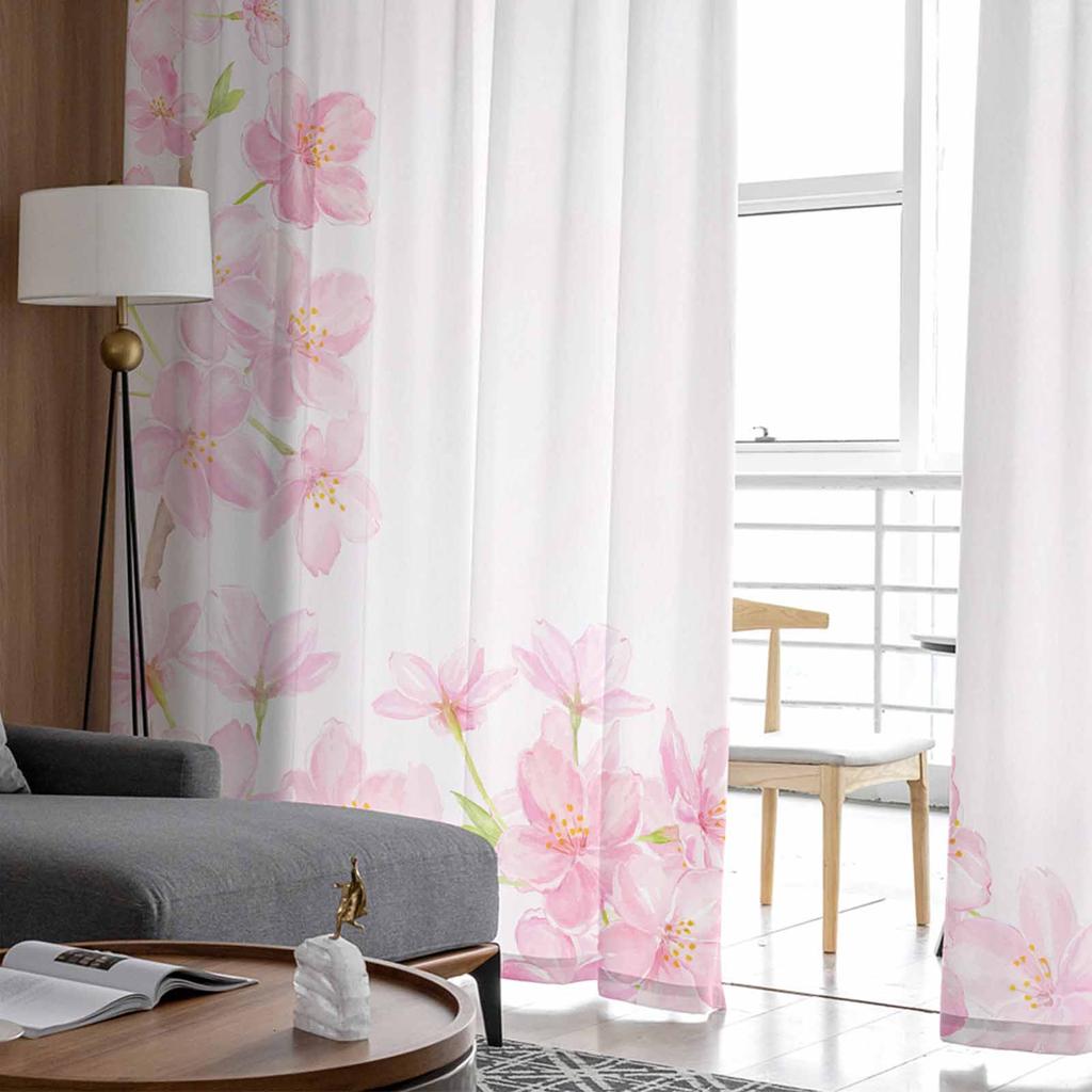Cortinas de Tule com Borda de Flor de Cerejeira em Aquarela para Sala de Estar, Quarto, Hotel, Decoração de Luxo, Cortinas Transparentes