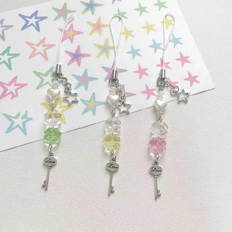 3pcs Mobile Phone Pendant Four Leaf Clovers Beaded Keychain Fashionable Keyring Charm Handmade Gift for Women Friend