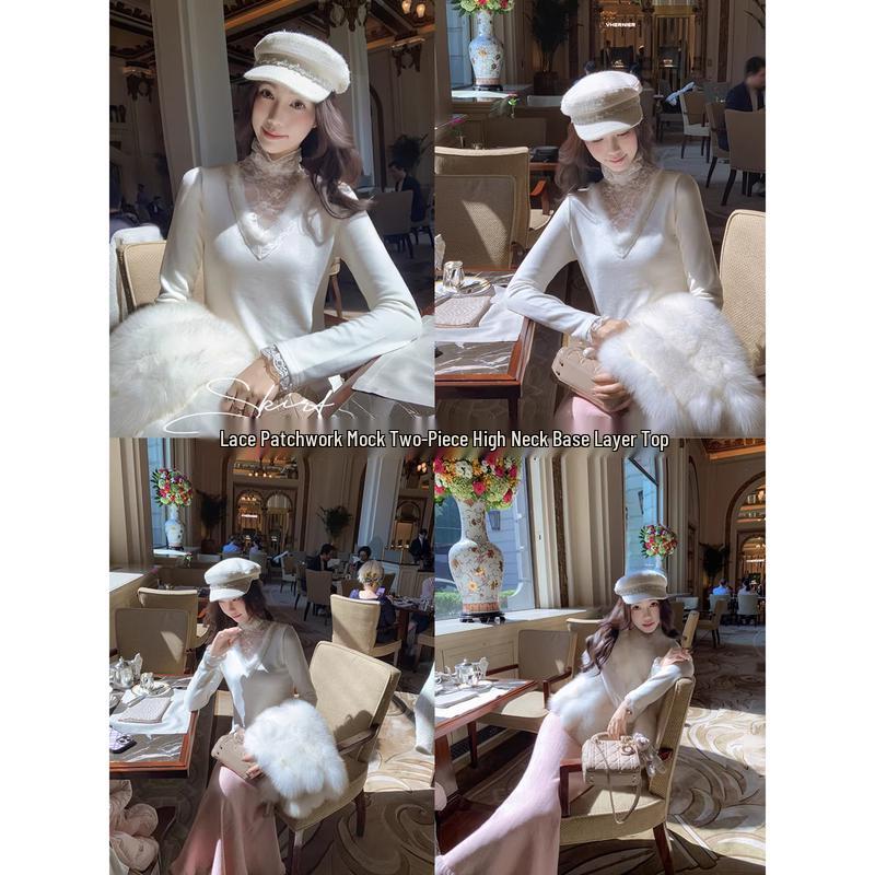Women s Lace Patchwork High-Neck Knitted Base Layer Top L