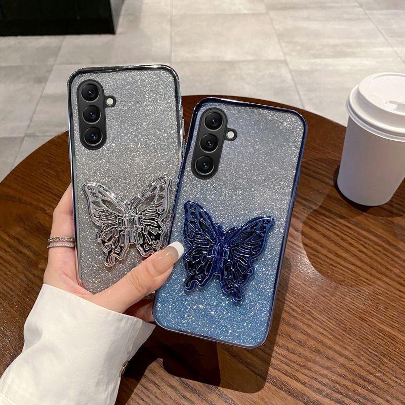 For Samsung Galaxy S25 FE / S26 FE Case with Cute Butterfly Stand Luxury Slim Gradient Clear Plating Glitter Girls