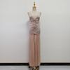 Celebrity Style Banquet Suspender Tube Top Pleated Design Champagne Skirt Dress Set Women