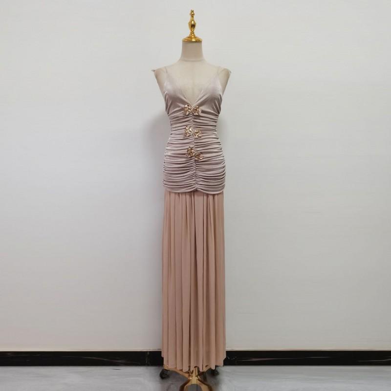 Celebrity Style Banquet Suspender Tube Top Pleated Design Champagne Skirt Dress Set Women