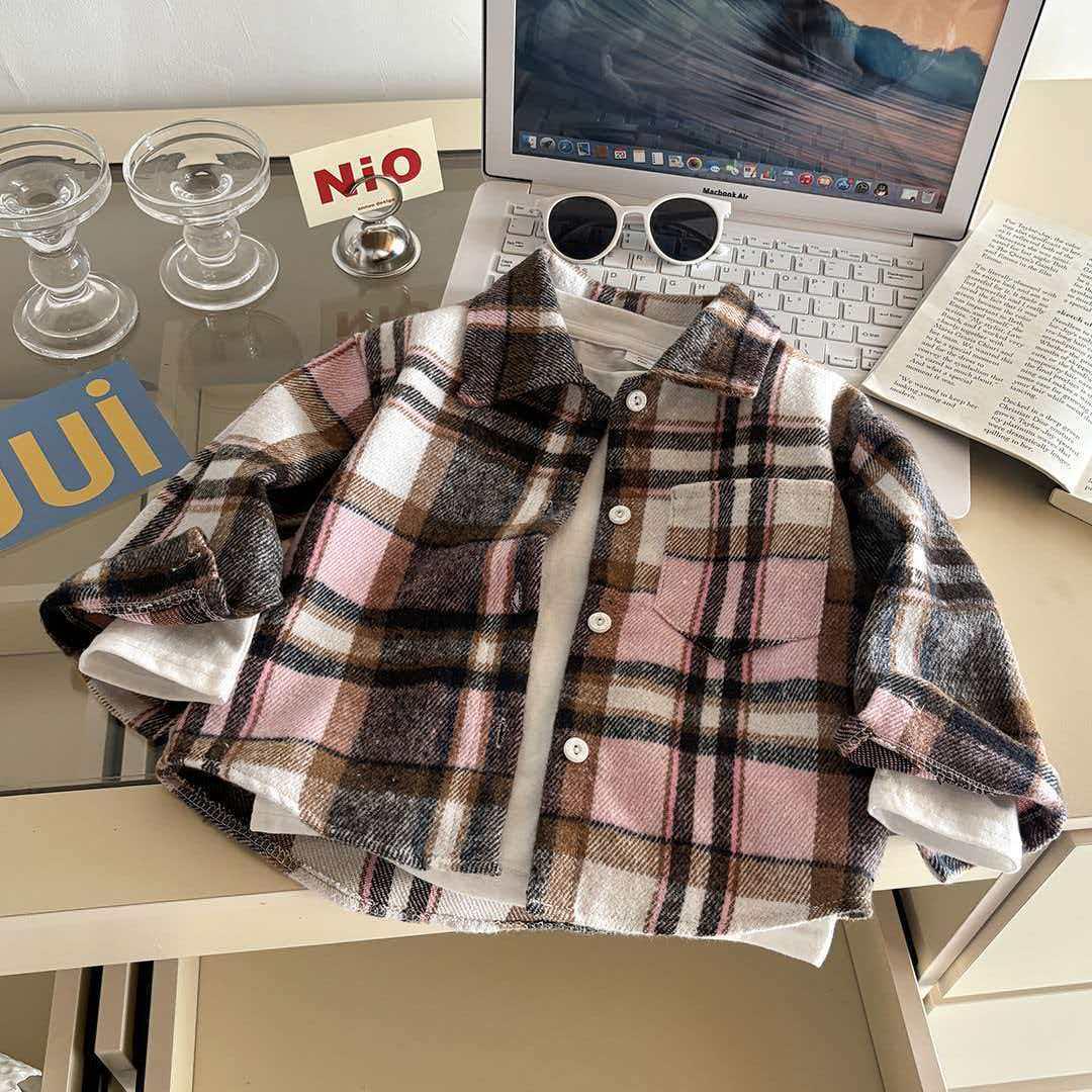 

Children s Long-Sleeve Plaid Cardigan Shirt - Retro Color Block Lapel Jacket 90 cm for 75-85 cm height