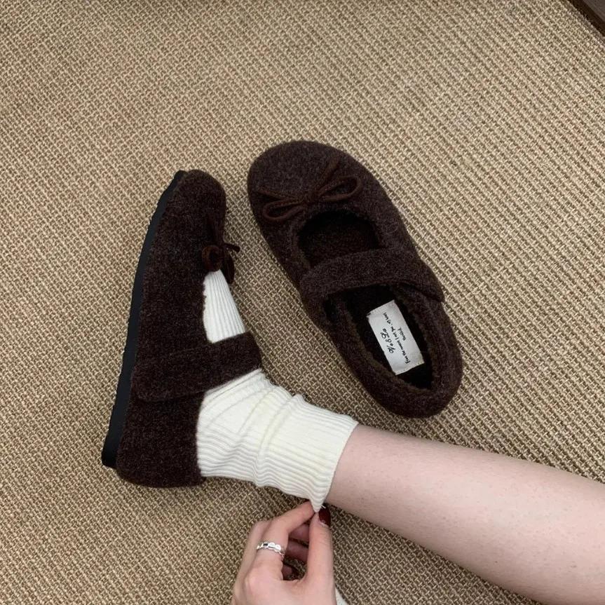 Fashion Woolen Fabric Women Flats Shoes Fashion Mary Jane Shoes Ladies Comfort Outdoor Warm Cotton Fur Winter Shoes 2025 New