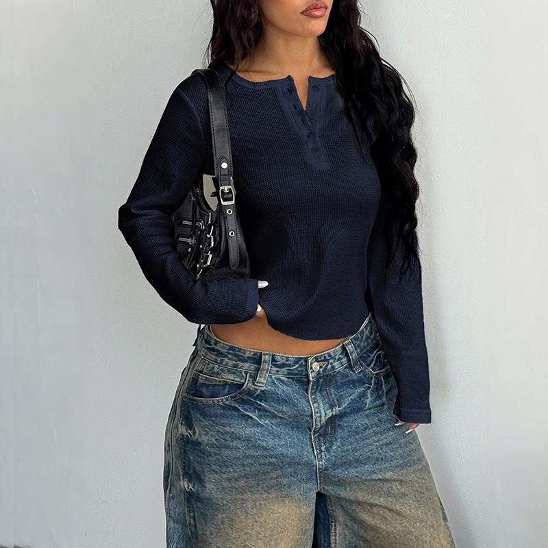 Ladies Autumn Winter Long Sleeve Button O Neck Solid Color Pullover T Shirt Top