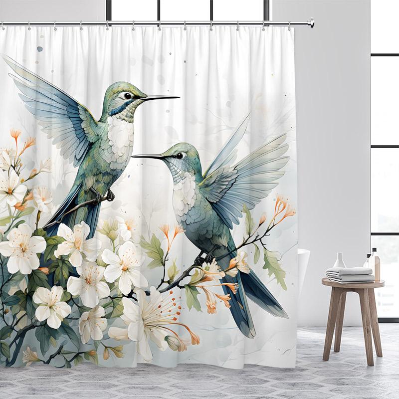 Hummingbird Shower Curtain Watercolour Floral Purple Lavender Butterfly Plant Polyester Fabric Bathroom Curtain Decor With Hooks