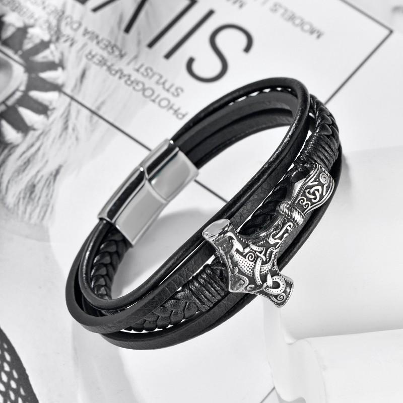Stainless Steel Leather Woven Bracelet Men Nordic Viking Style Geometric Design Polished Finish