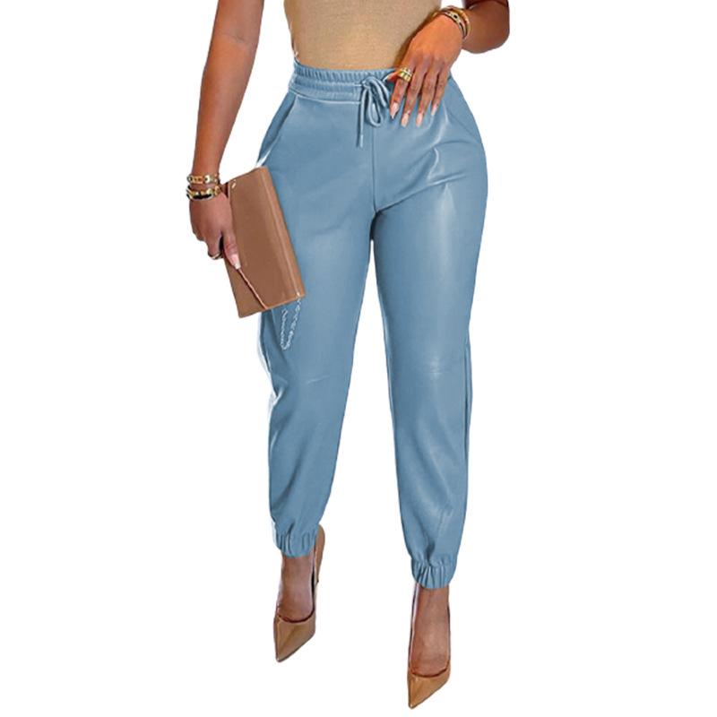 Damenmode Einfarbig Kordelzug Tasche PU-Leder Lässige Mode Kordelzug Lederhose Hose Damen