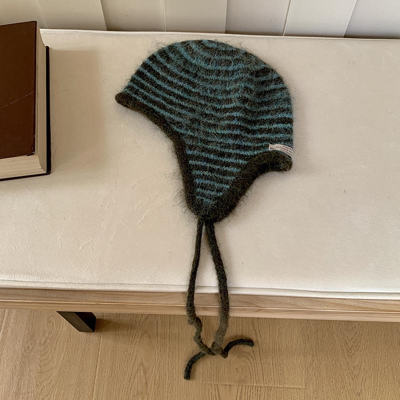 Women Winter Hat 100% Wool Knitted Black White Striped Beanie Baggy Cap Warm Windproof Outdoor Ski Balaclava Casual New