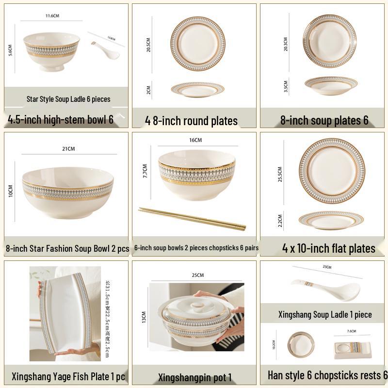European Style Gold Rim Ceramic Dinnerware Set - Includes Large Bowls, Soup Bowls, Plates, and Rice Bowls for New Year Celebrations.