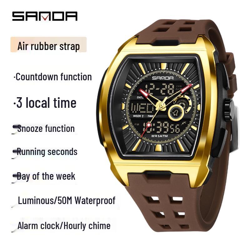 Sanda Men's Sports Barrel-Shaped Luminous Countdown Watch with Triple Time Zone and Dual Display, Waterproof Design.