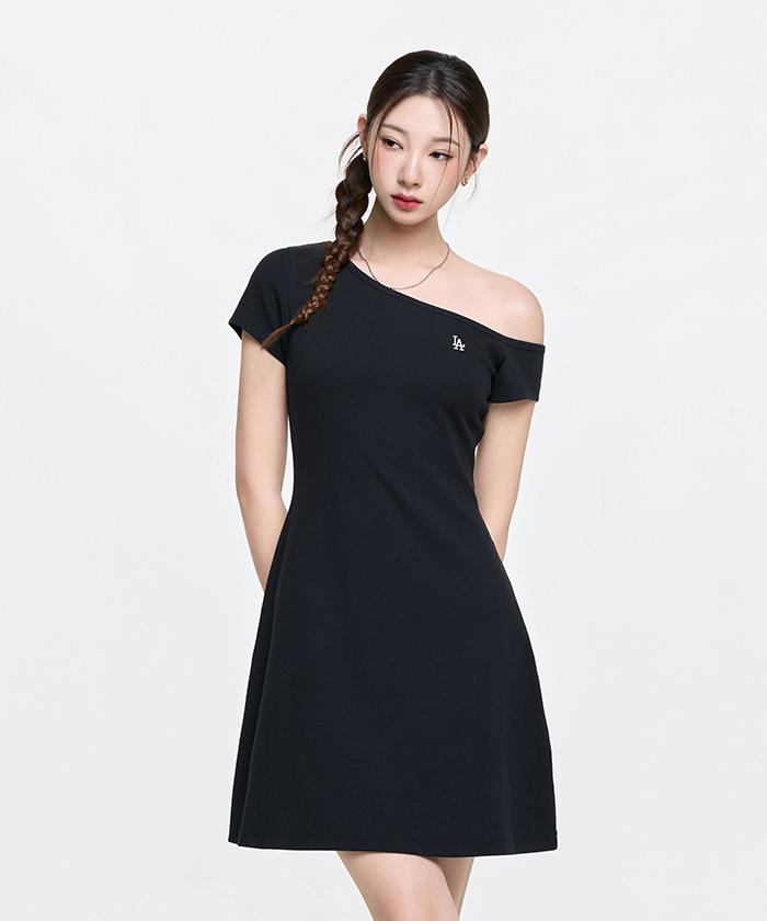 Emelbi Women'S Basic Off-Shoulder Shirred Ribbed Dress La (Black)