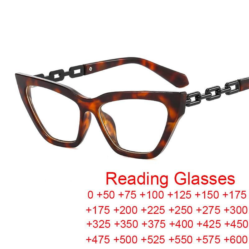 Blue Light Reading Eyewear Glasses Spectacle Feline Cat's Optical Eye Stylish Ladies Blocking Leopard Chain Presbyopic Elegant Female Eyewear
