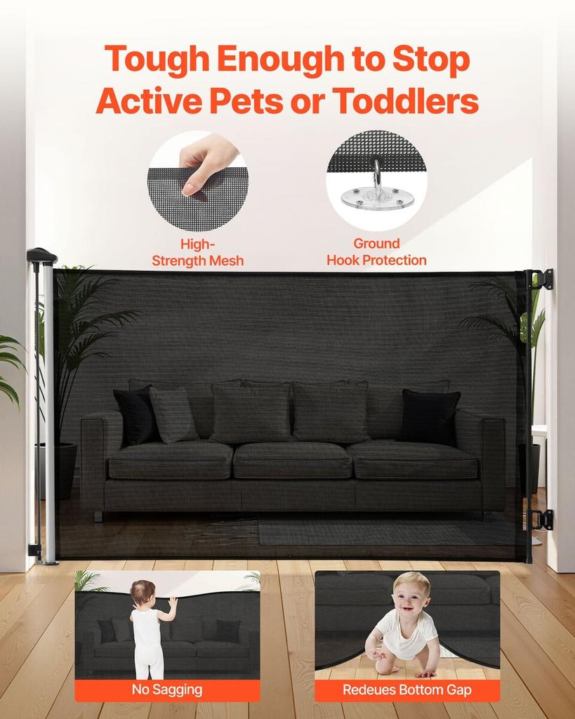 Retractable Baby Gate, Extends to 1450 mm Wide, 980 mm Tall, with Security Lock, Easy to Use, Walk Through Without Tripping, Mesh Dog Gate for Stairs,