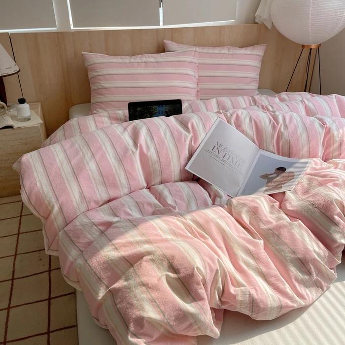 Nordic Sling Cotton Pink Stripes Duvet Cover 150x200 Size Girl's Room Housse Skin Friendly Breathable Comforter Sets