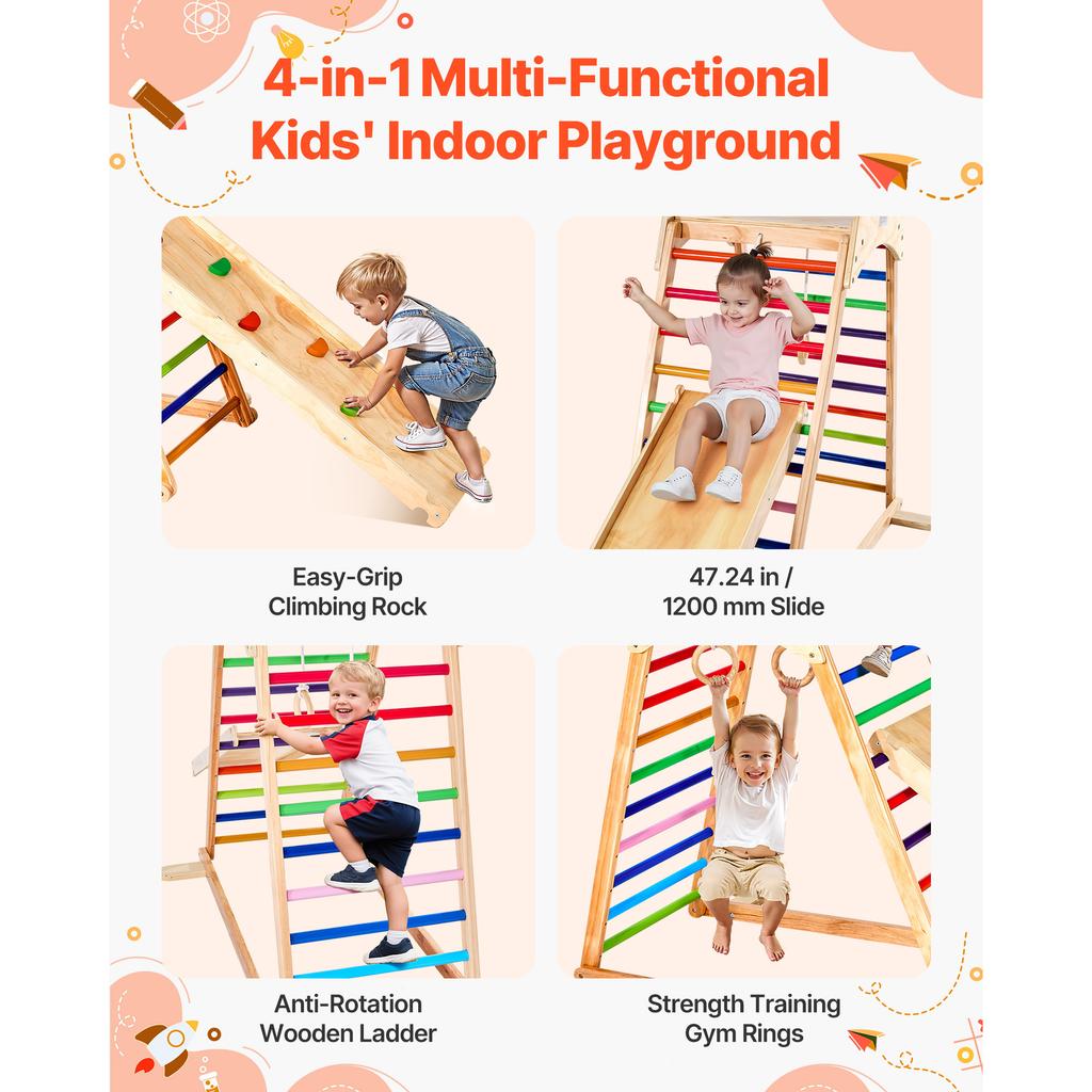 SucceBuy Indoor Playground Jungle Gym Wooden Indoor Playset with Climbing Rock Slide Wooden Ladder & Gym Rings Montessori Style