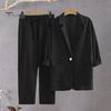 Women Casual Blazer Pants Outfit 2Pcs/Set Spring Autumn Lapel 3/4 Sleeve Single Button Cardigan Jacket Set Pockets Coat Elastic Waistband Wide