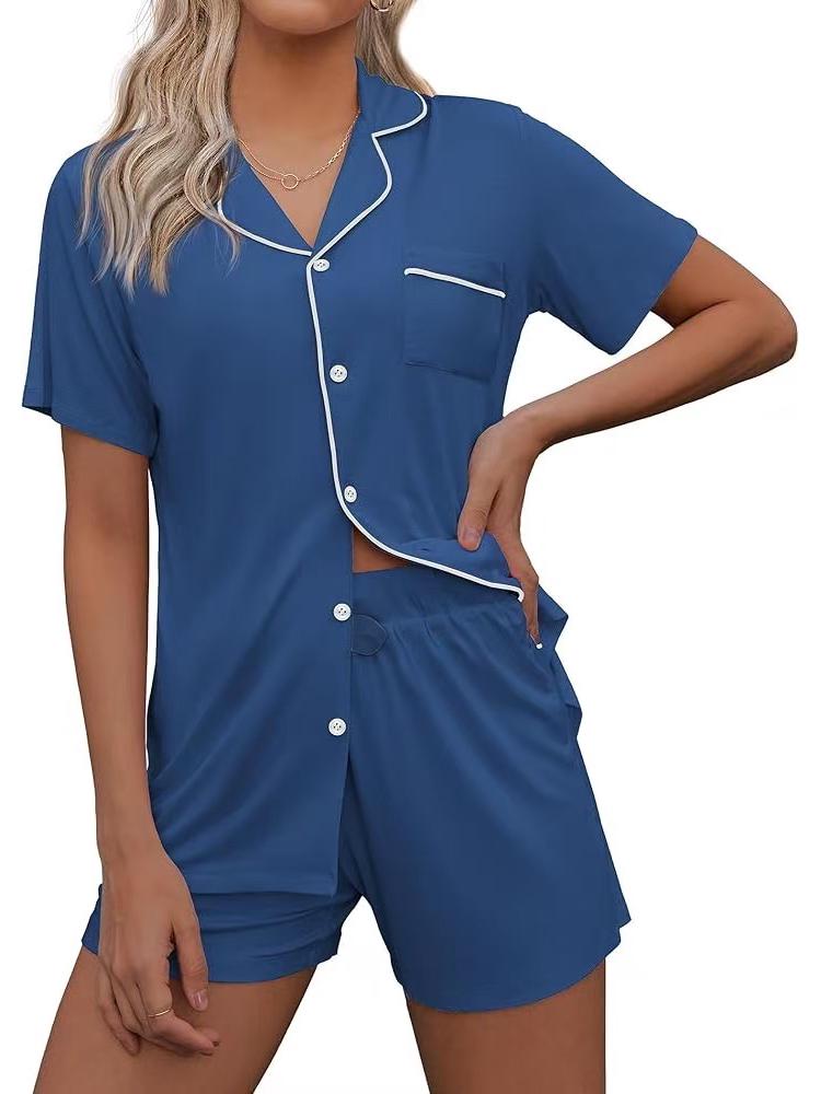 European & American Casual Lapel Women's Short Sleeve Cardigan Pajama Set with Shorts