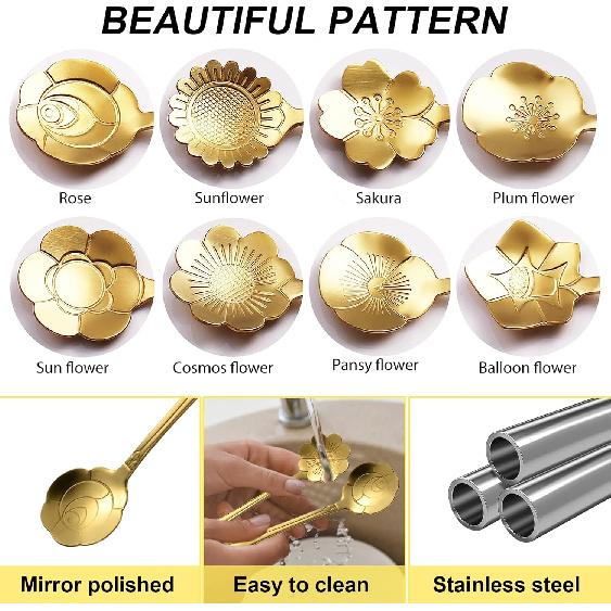 8 Pcs Gold Stirring Spoons Set,Floral Design Stainless Steel Stirrers for Coffee,Tea,Dessert & Sugar Reble Mini Utensils Kit for Tea Party & Home Bar
