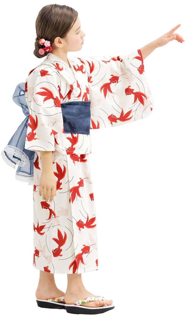 Zestaw Yukaty Pszczoła Łatwy do Idealny na Festiwale i Biały z Wzorem Złotej Rybki 3-częściowy Dziewczęcy, Letni, Do Noszenia, Dwustronny Wzór, Fajerwerki, 150cm,
