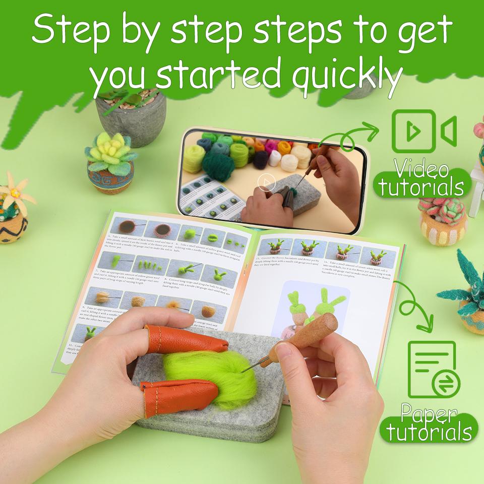 BUDDUR Succulent Potted Plant Wool Felting Kit With Instruction and Felting Needles For Beginners DIY Handmade Craft Accessories