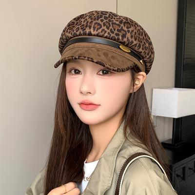 Retro Leopard Print Beret Women's Autumn and Winter Suede Duck Tongue Octagonal Hat Showing Face Little Hot Girl Niche Newsboy Hat