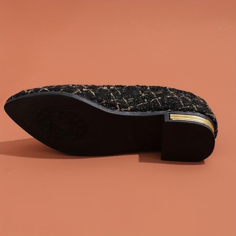 Damskie płaskie buty w kratę z tweedu na miękkiej podeszwie, Lekkie buty na słupku, Eleganckie buty do sukienki z czubkiem