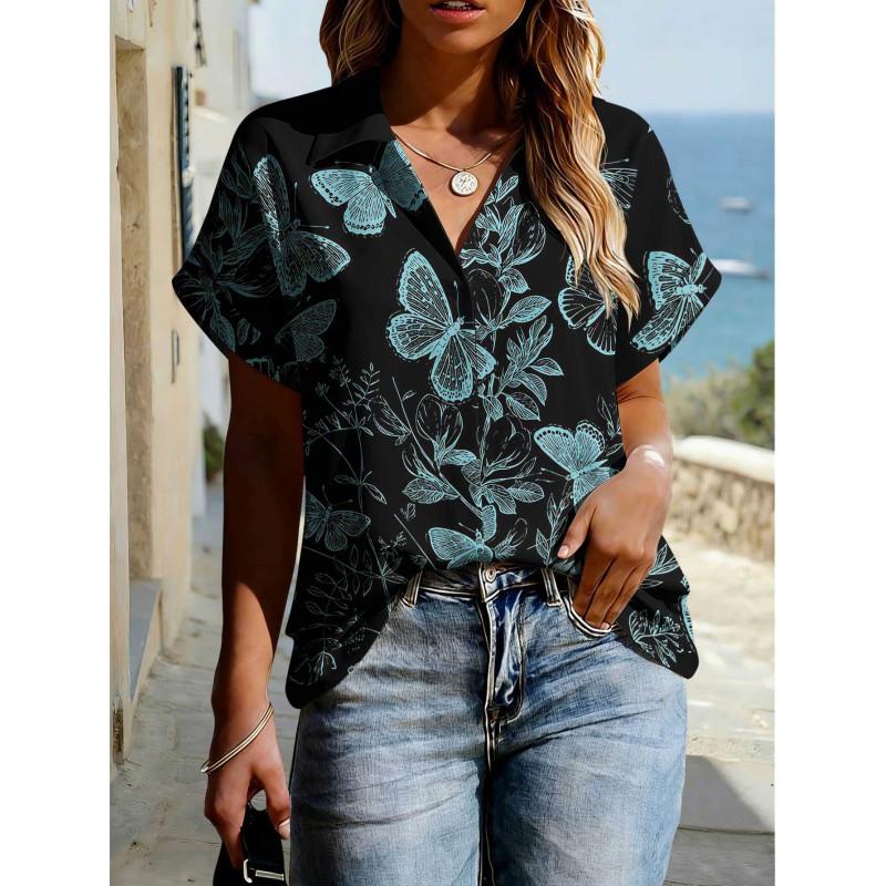 Floral Print Womens Loose Fit Short Sleeve V-Neck Top - Sleeveless Button-Free Casual Shirt Street Style