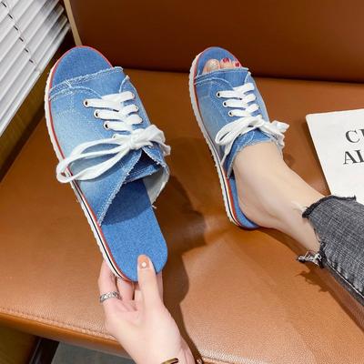 Fashion Women Canvas Flat Slipper 2024 Woman Lace Up Ladies Peep Toe New Women's Casual Female Fashion Denim Beach Shoes Plus Size 35-43