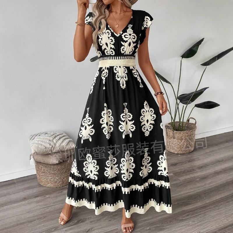 Europe, America spring and summer new women's clothing holiday wind beach skirt printed V-neck pendulum dress