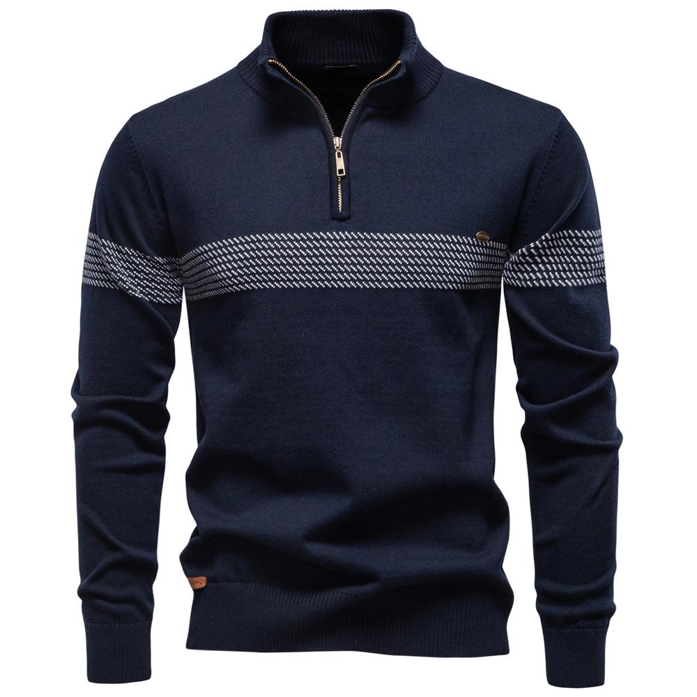 AIOPESON Thermal Men's Sweater Half Zip Knit Pullover Thick Warm Striped Design Knitted Outdoor Casual Sweater Men