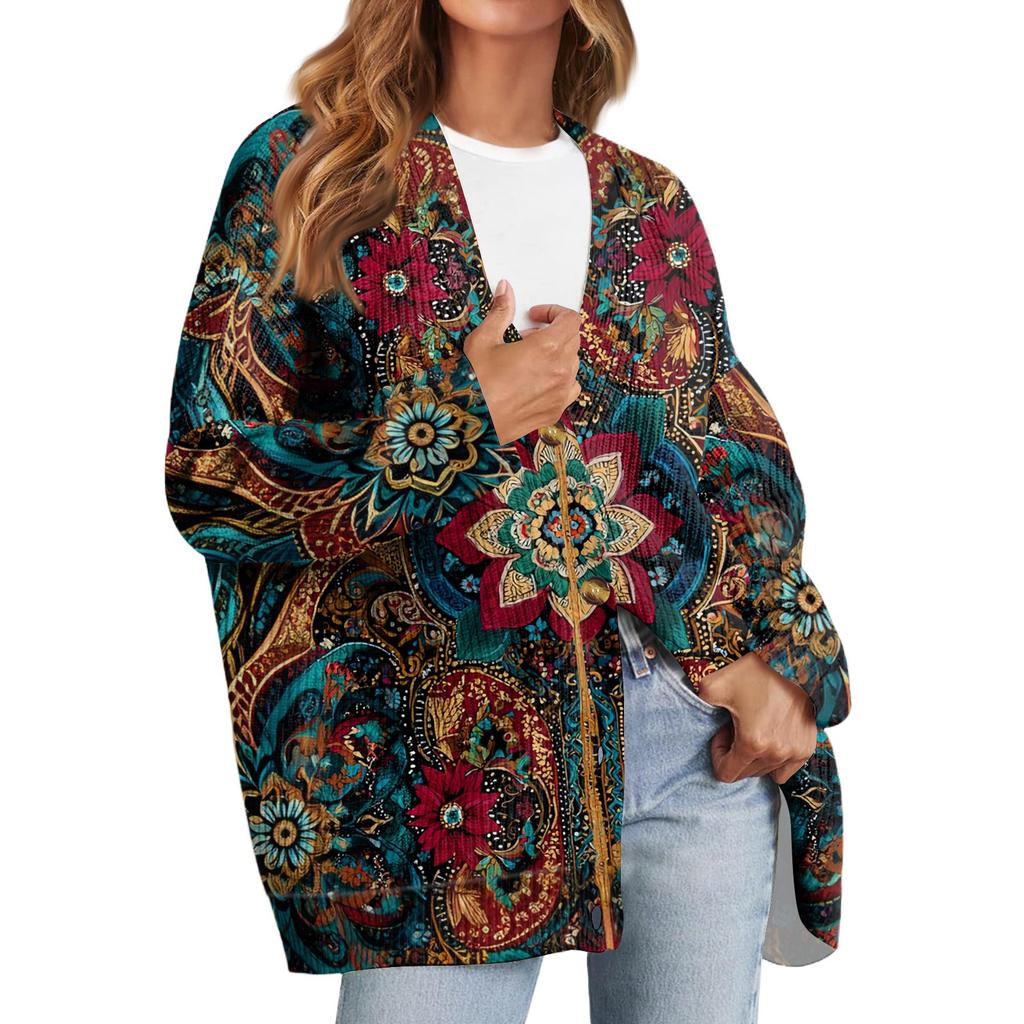 Women's Fashion Long Sleeve Print V-Neck Button Loose Cardigan Top