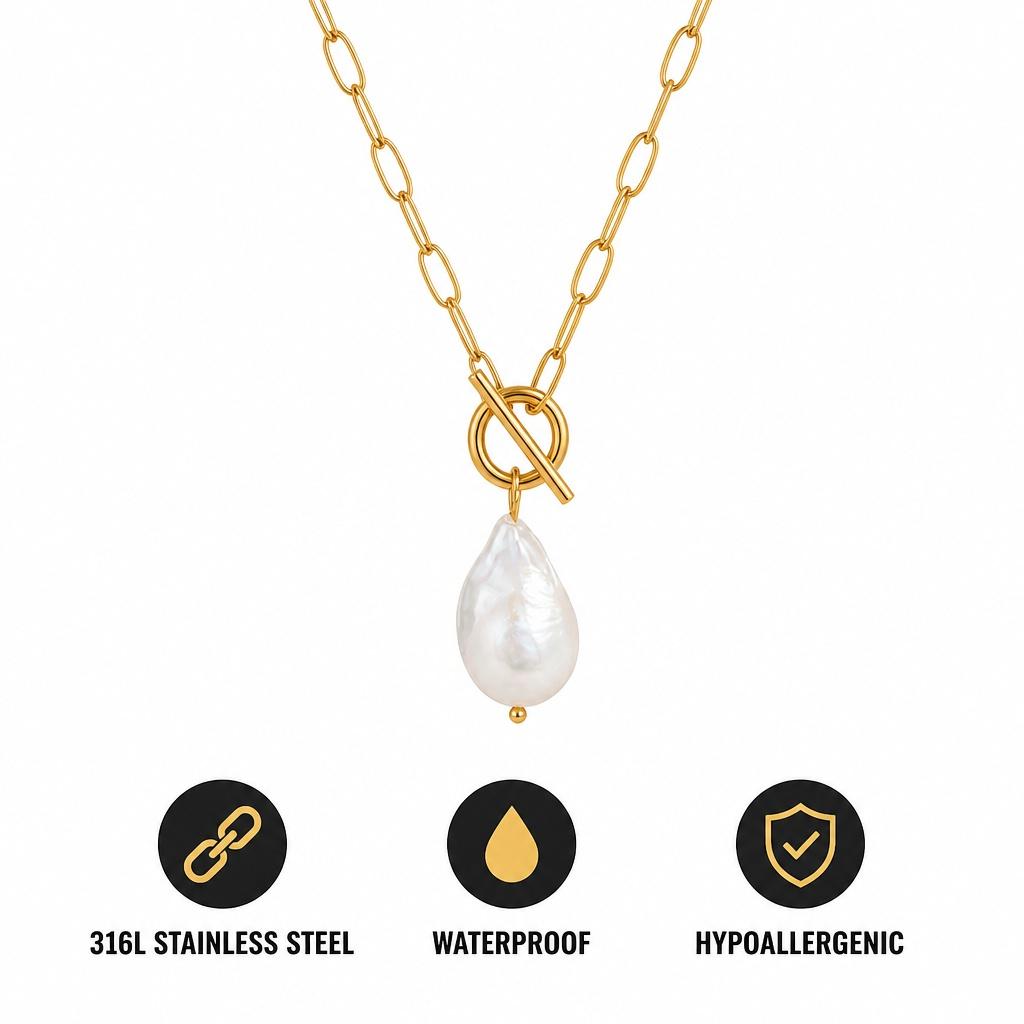 Ready to Ship Elegant Natural Baroque Pearl Gold Plated Paper Clip Chain Pendant Necklace Non Tarnish Summer Jewelry