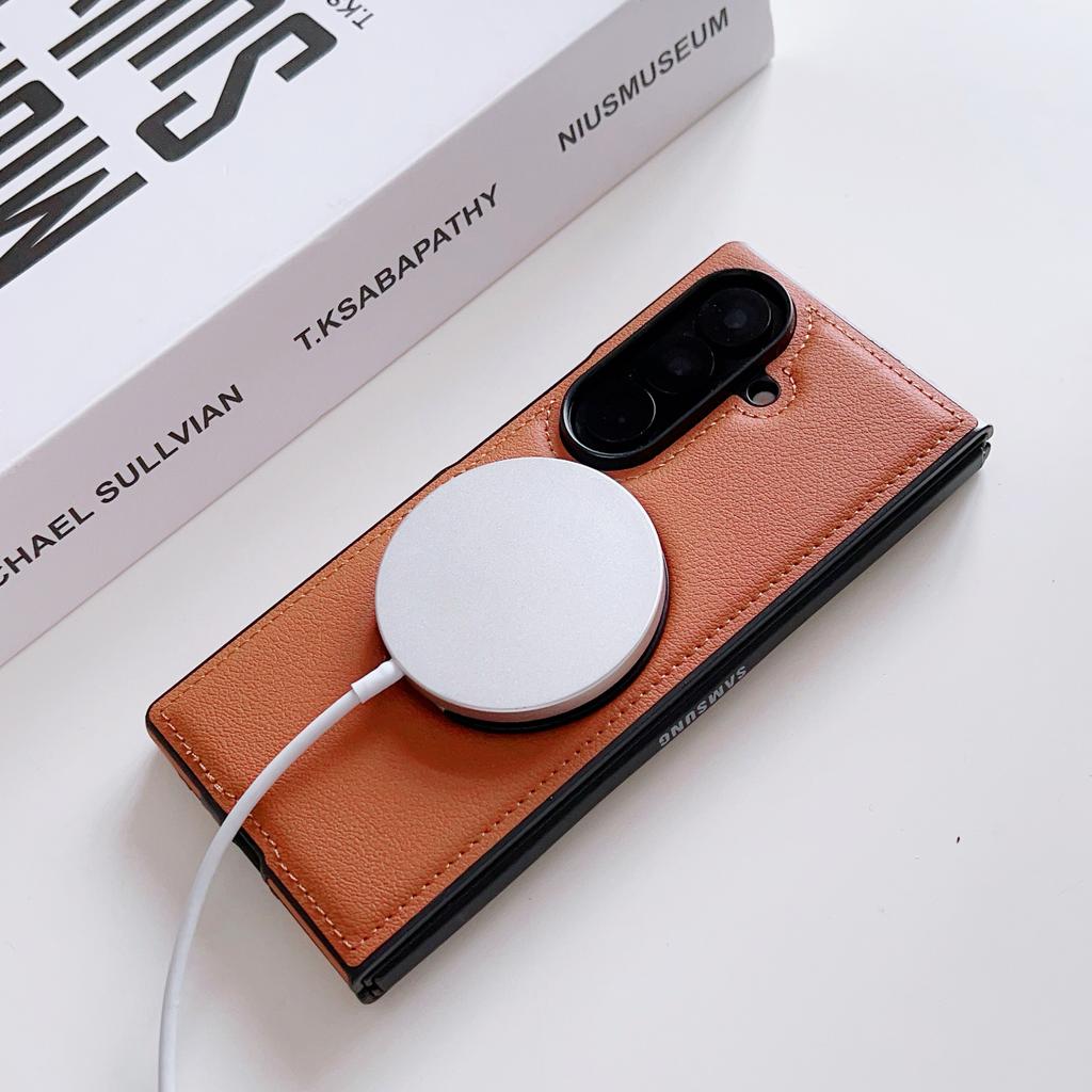 360 Rotating Aluminum Folding Kickstand PU Leather Phone Case for Samsung Galaxy Z Fold 7 6 5 4 Wireless Charging Magnetic Cover