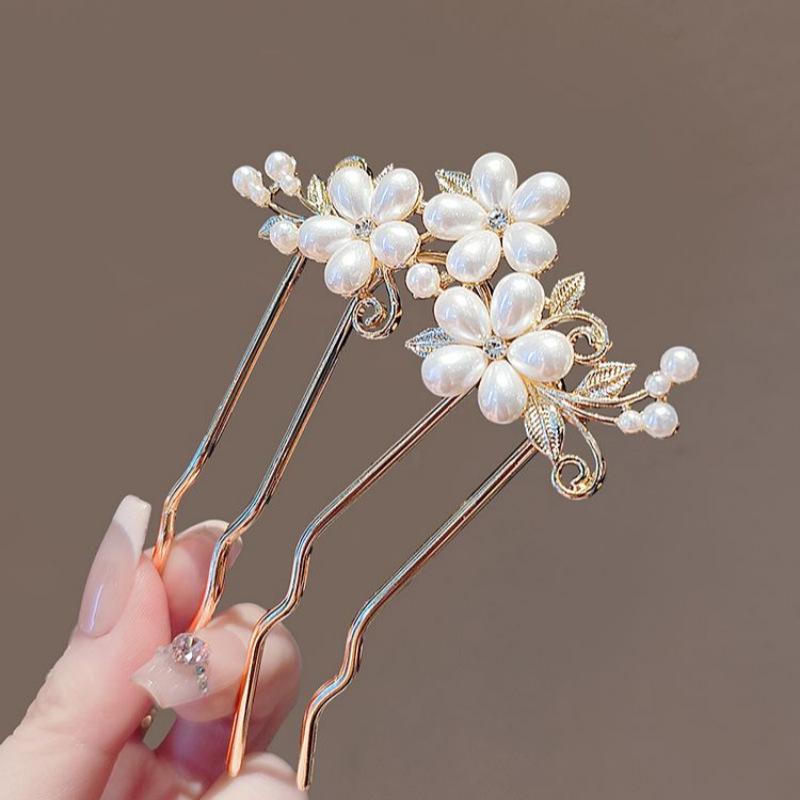Chinese Ancient Exquisite Pearl Rhinestone Flower U-shaped Hair Comb Women Elegant Temperament Daily Metal Hairpin