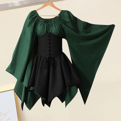 Women Long Sleeves Dress Medieval Vintage Fairy Elf Costume Bell Sleeve Retro Waist Cinching Patchwork Dress for Halloween Cosplay