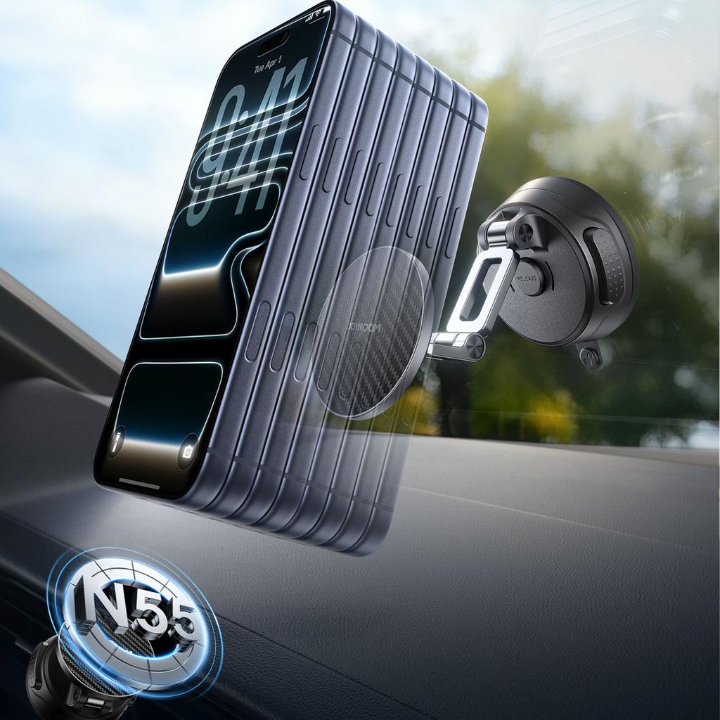 Magnetic Car Holder with Suction Cup for Windshield or Dashboard - Black