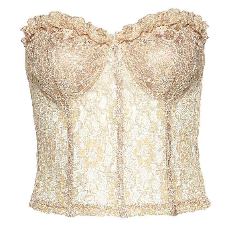Women Strapless Sheer Mesh Lace Tube Top Sexy Backless Sleeveless Tops Underwear