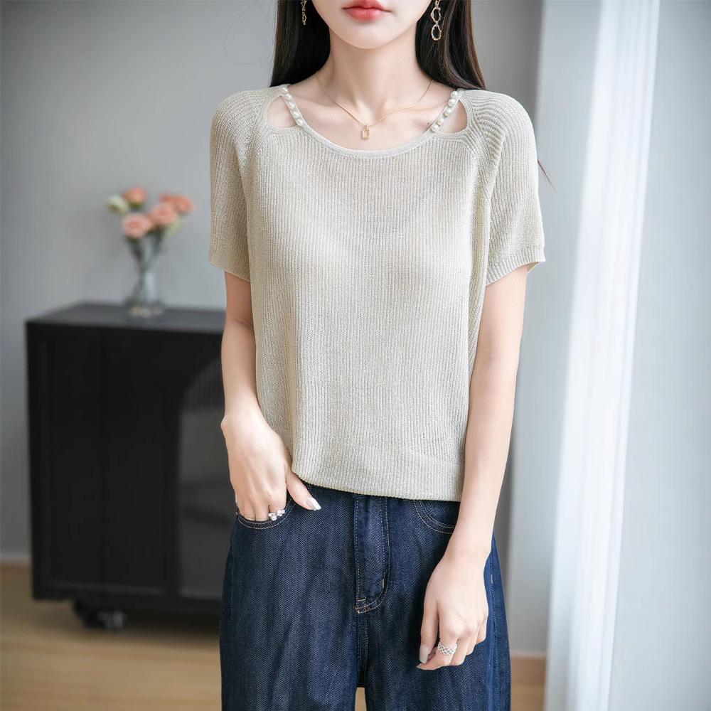 Summer's New Versatile Short-sleeved Knitted Short-sleeved Women's Round-neck, Hollowed-out Collarbone Beaded Versatile Top T-shirt Base Layer